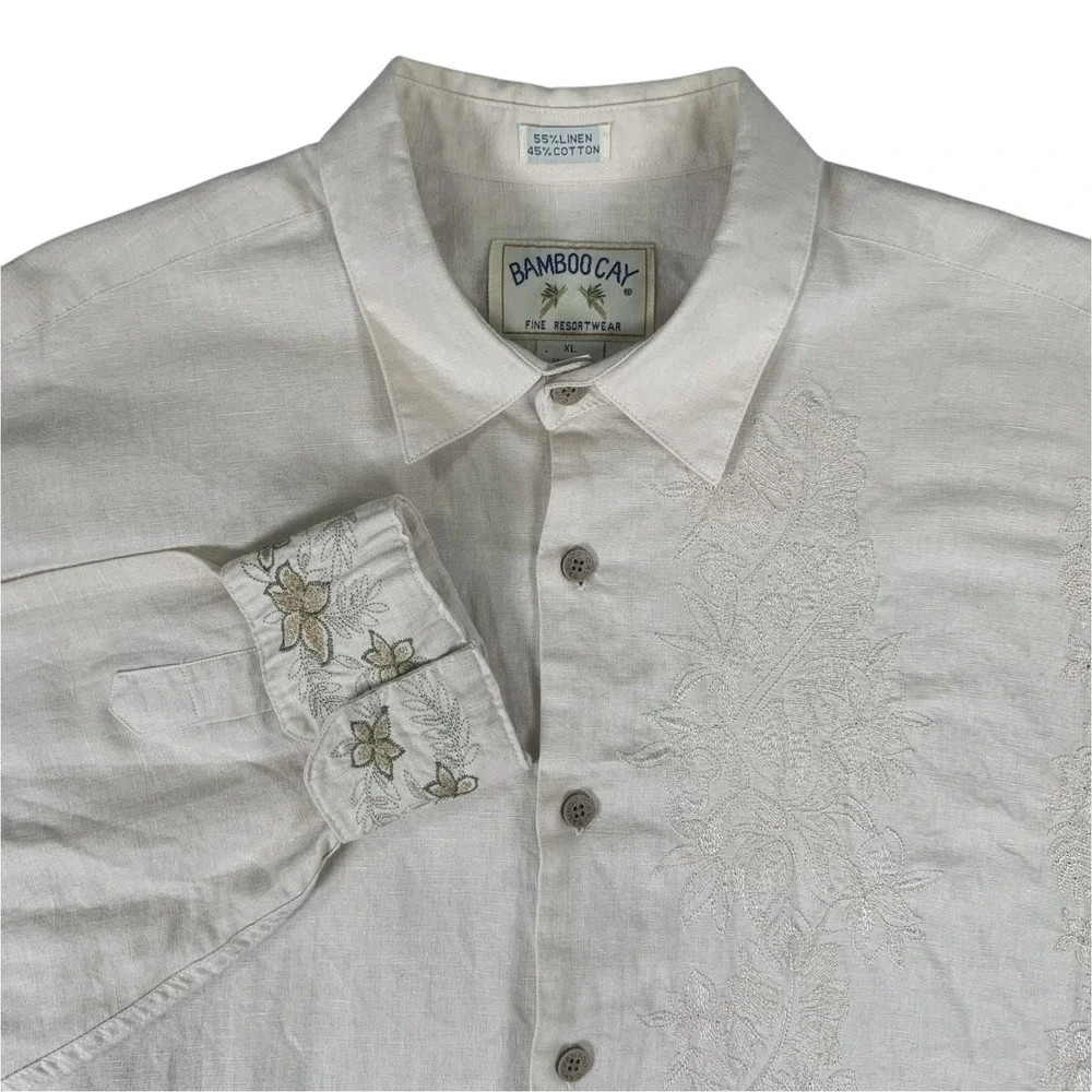 Bamboo Cay Button Down Shirt Mens XL Cream Linen Cotton Floral Embroidered